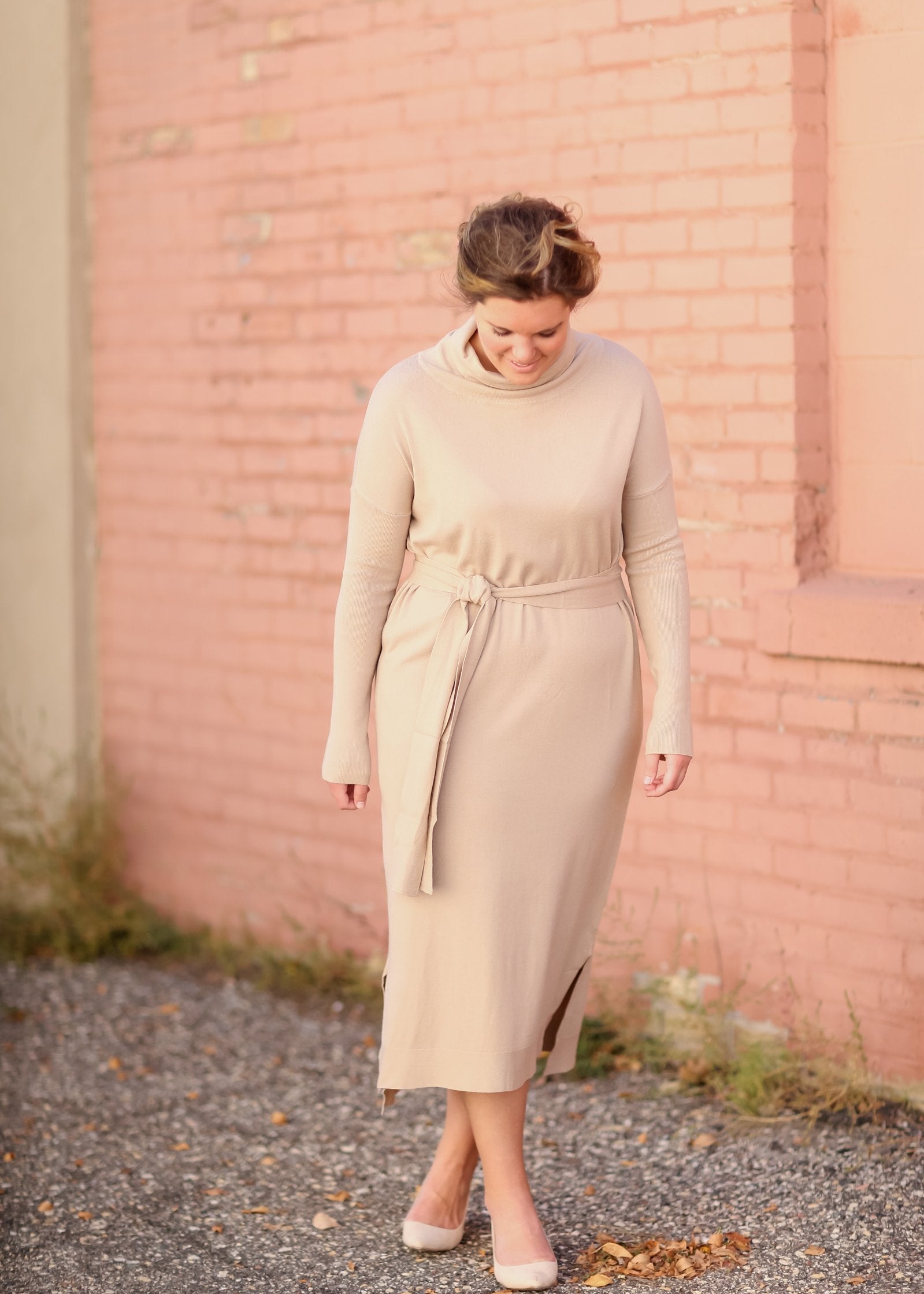 Belted Cowl Turtle Neck Knit Midi Dress Dresses Tea N Rose