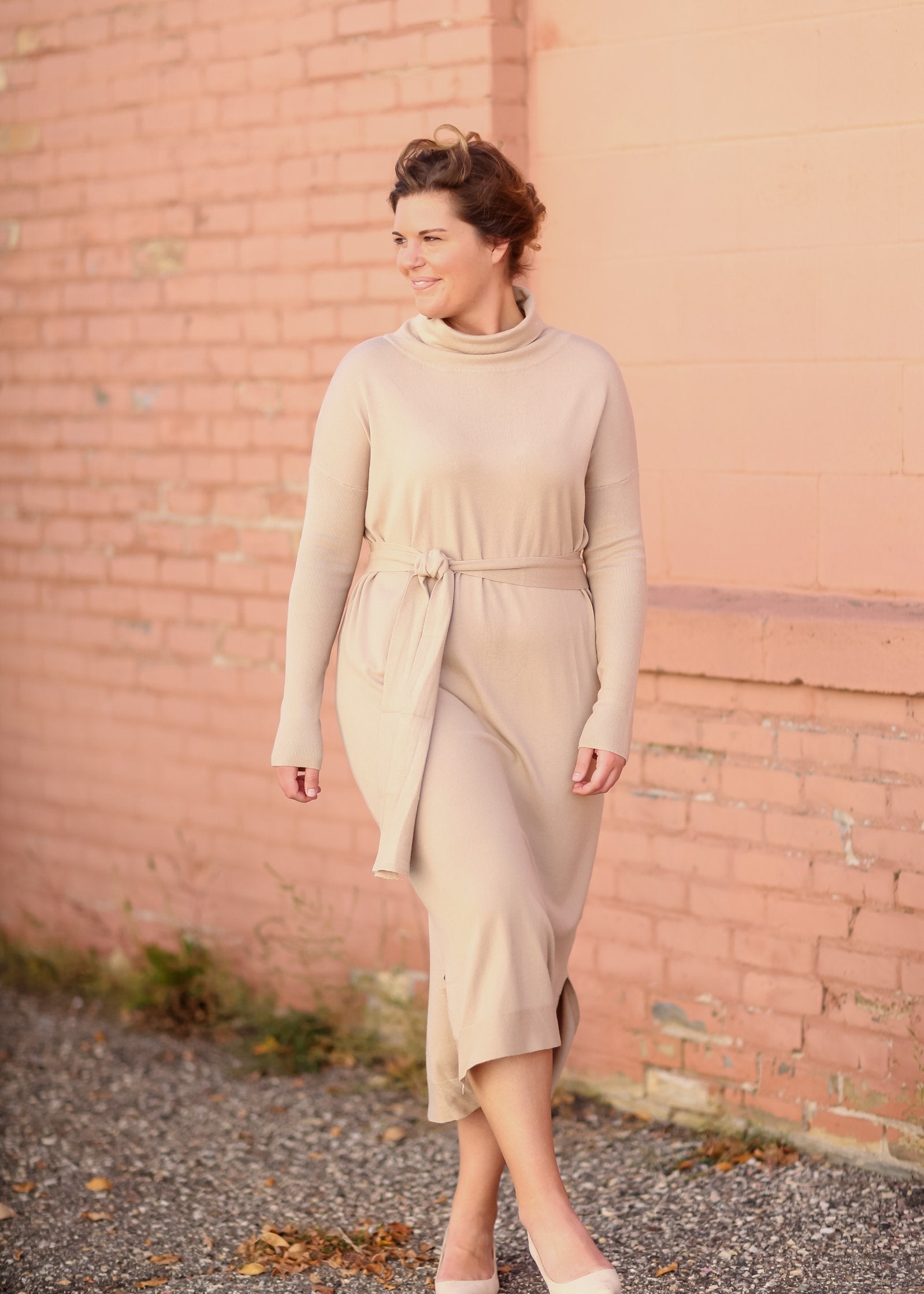 Belted Cowl Turtle Neck Knit Midi Dress Dresses Tea N Rose