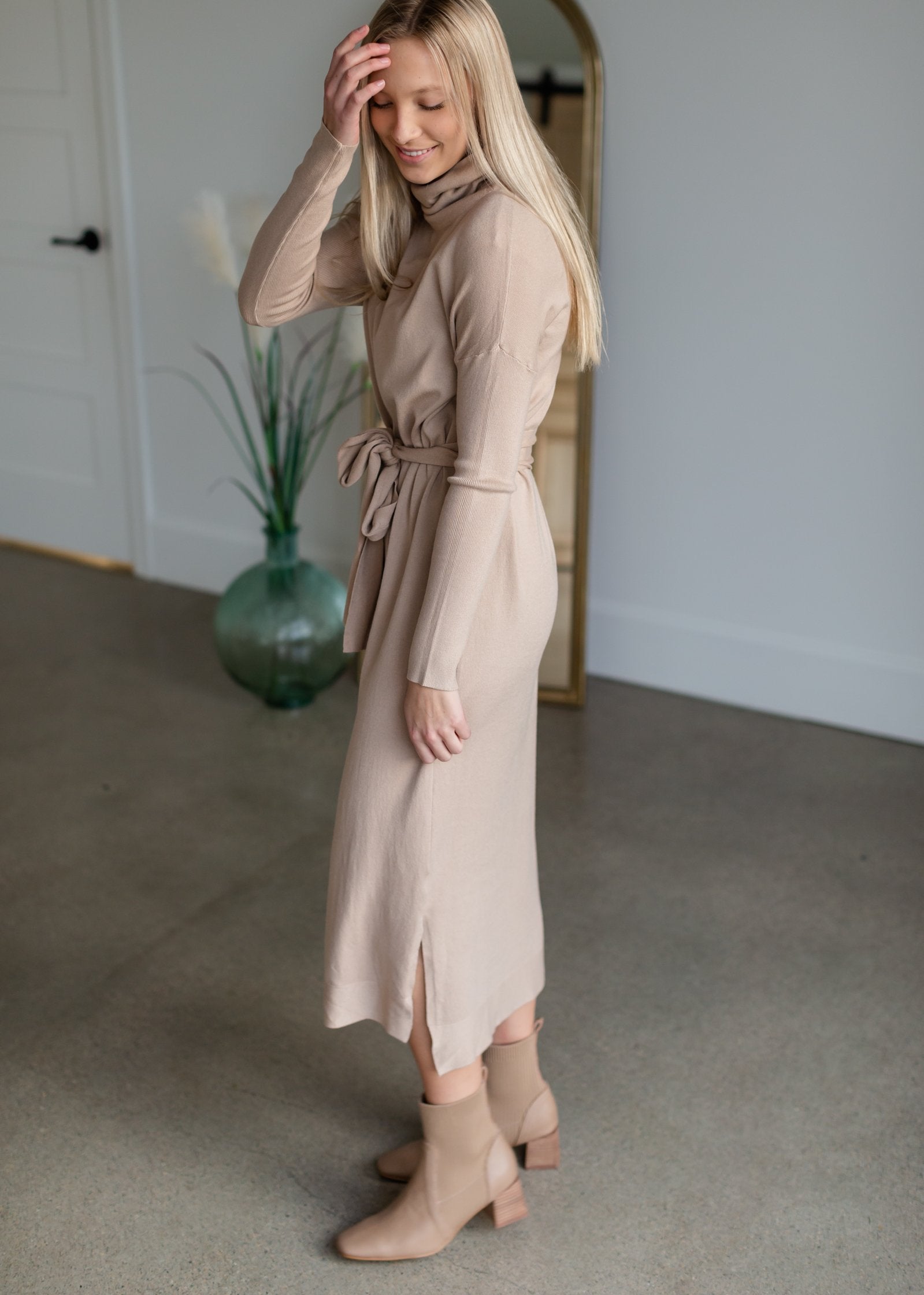 Belted Cowl Turtle Neck Knit Midi Dress Dresses Tea N Rose