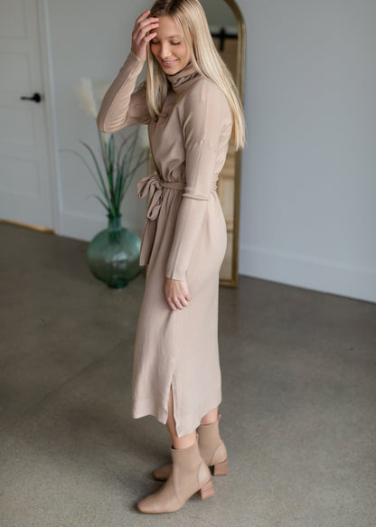 Belted Cowl Turtle Neck Knit Midi Dress Dresses Tea N Rose