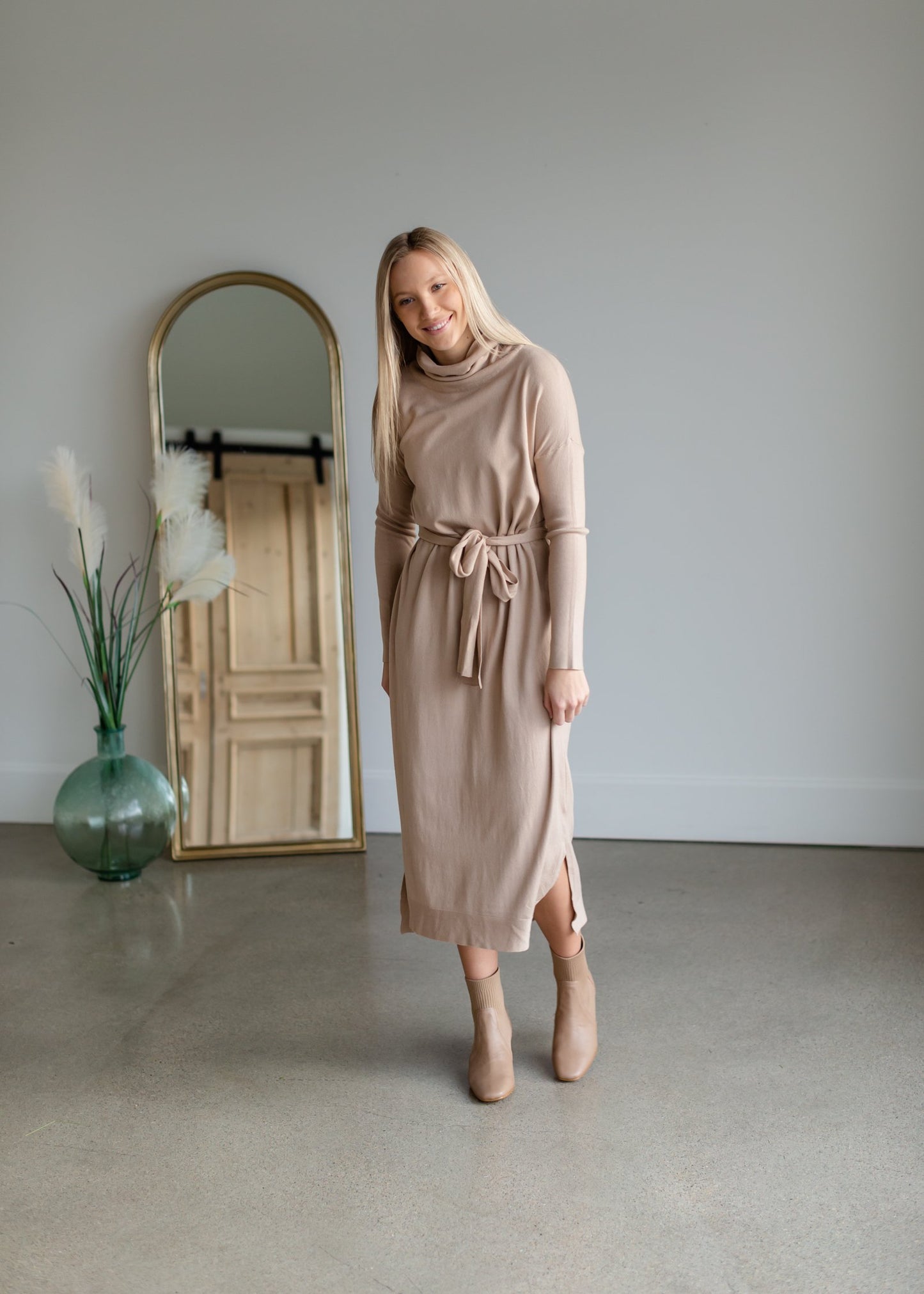 Belted Cowl Turtle Neck Knit Midi Dress Dresses Tea N Rose