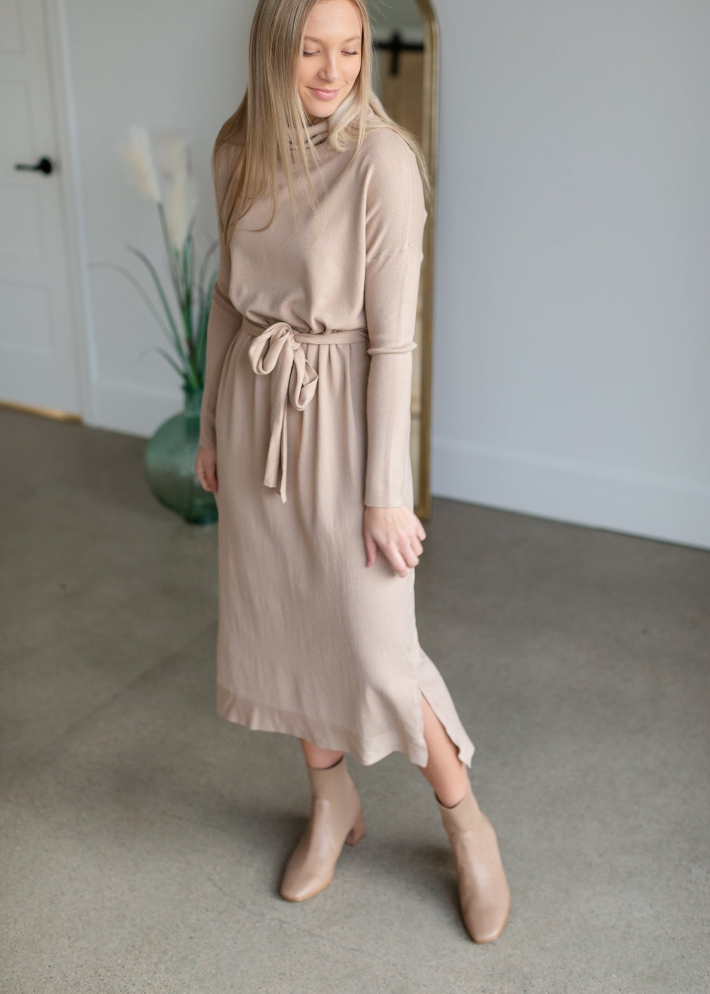 Belted Cowl Turtle Neck Knit Midi Dress Dresses Tea N Rose