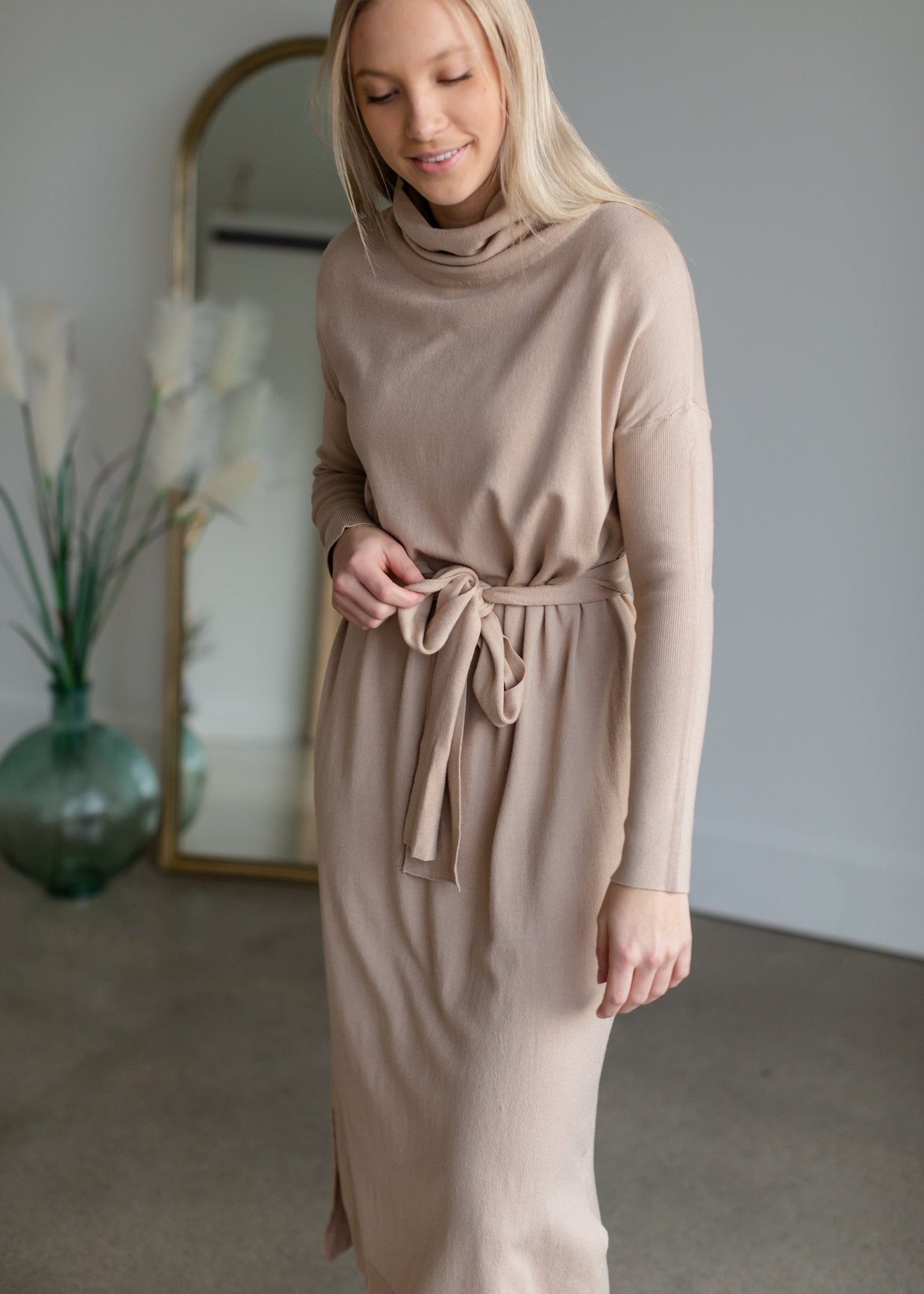 Belted Cowl Turtle Neck Knit Midi Dress Dresses Tea N Rose