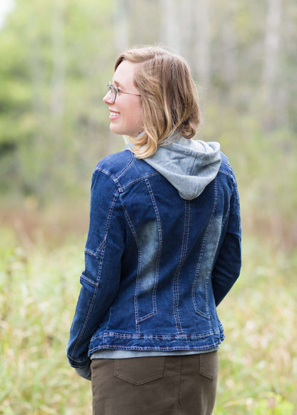 Denim front-zip jacket with removable gray front liner and hood.