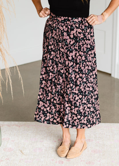 Black Button Up Blush Floral Midi Skirt - FINAL SALE Skirts