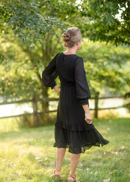 Black Chiffon Ruffle Midi Dress Dresses Grade & Gather