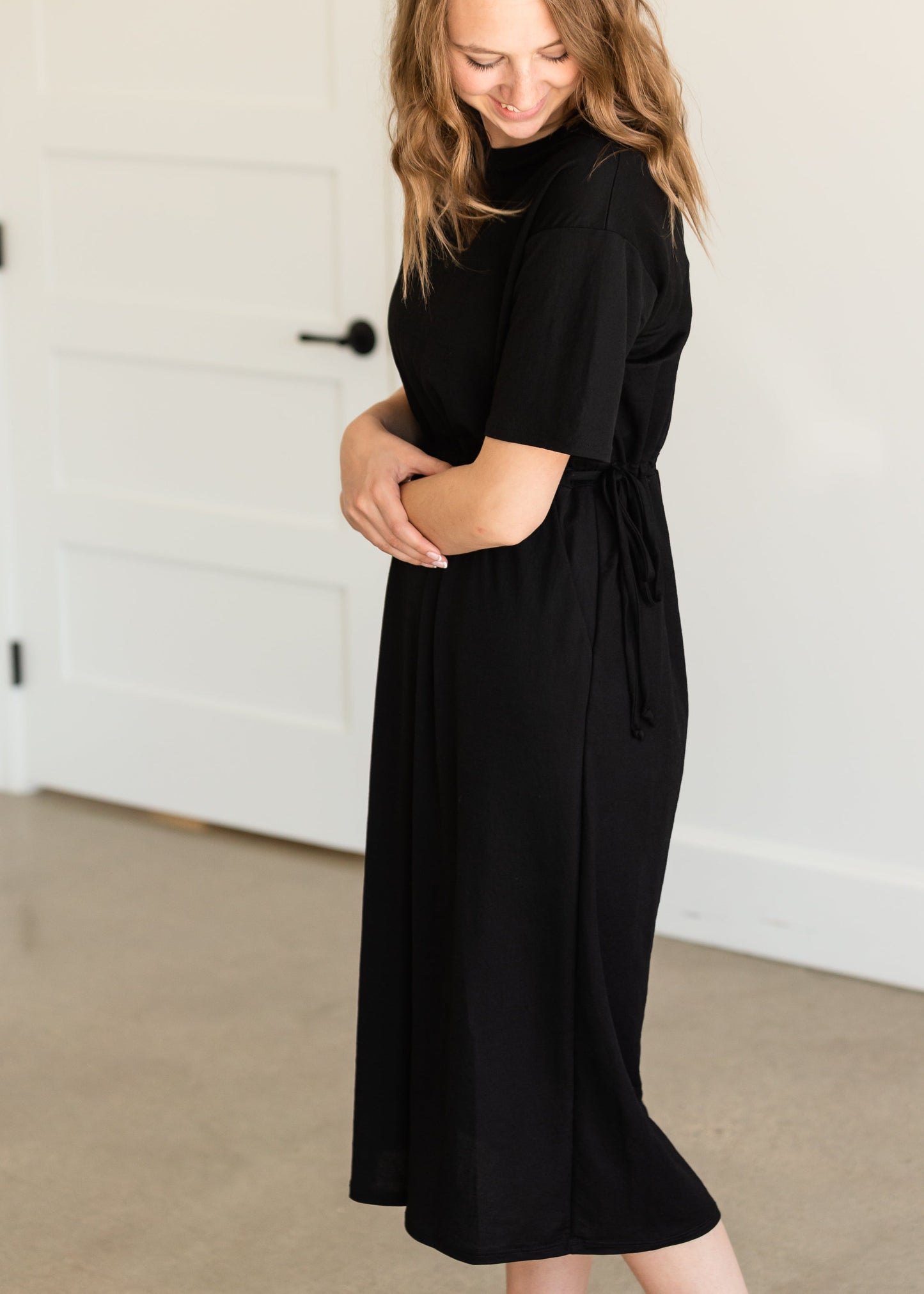 Black Drawstring T-Shirt Midi Dress Dresses