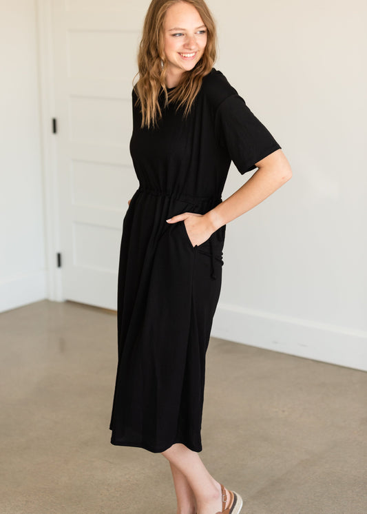 Black Drawstring T-Shirt Midi Dress Dresses