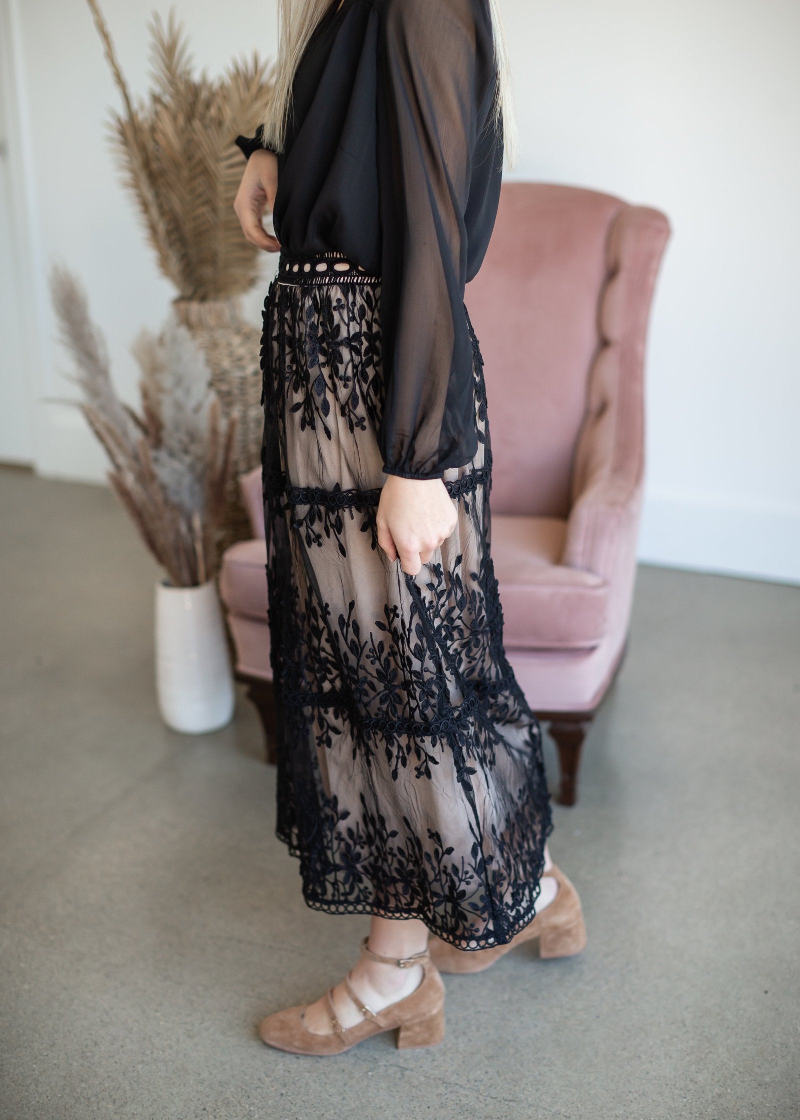 Black Embroidered Lace Overlay Tiered Midi Skirt Skirts Polagram + BaeVely