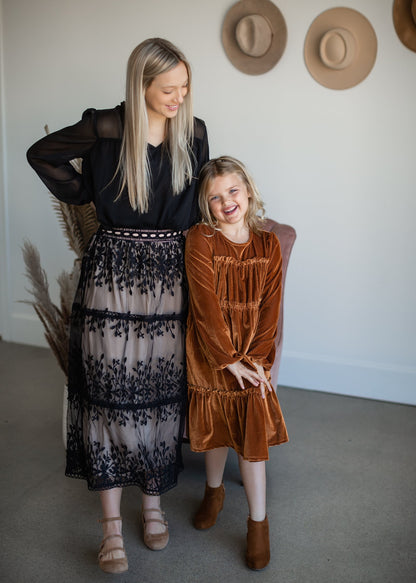 Black Embroidered Lace Overlay Tiered Midi Skirt Skirts Polagram + BaeVely