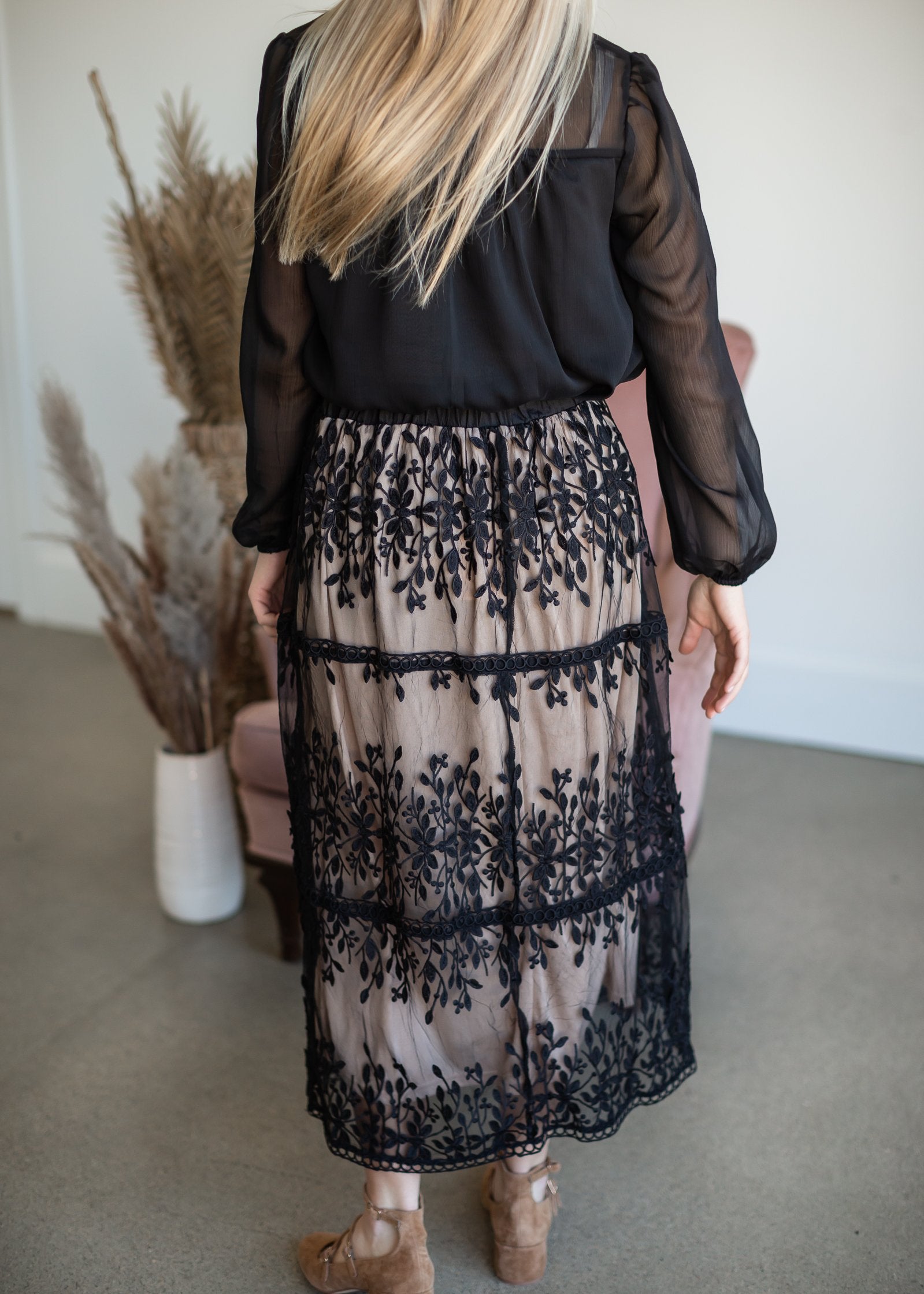 Black Embroidered Lace Overlay Tiered Midi Skirt Skirts Polagram + BaeVely