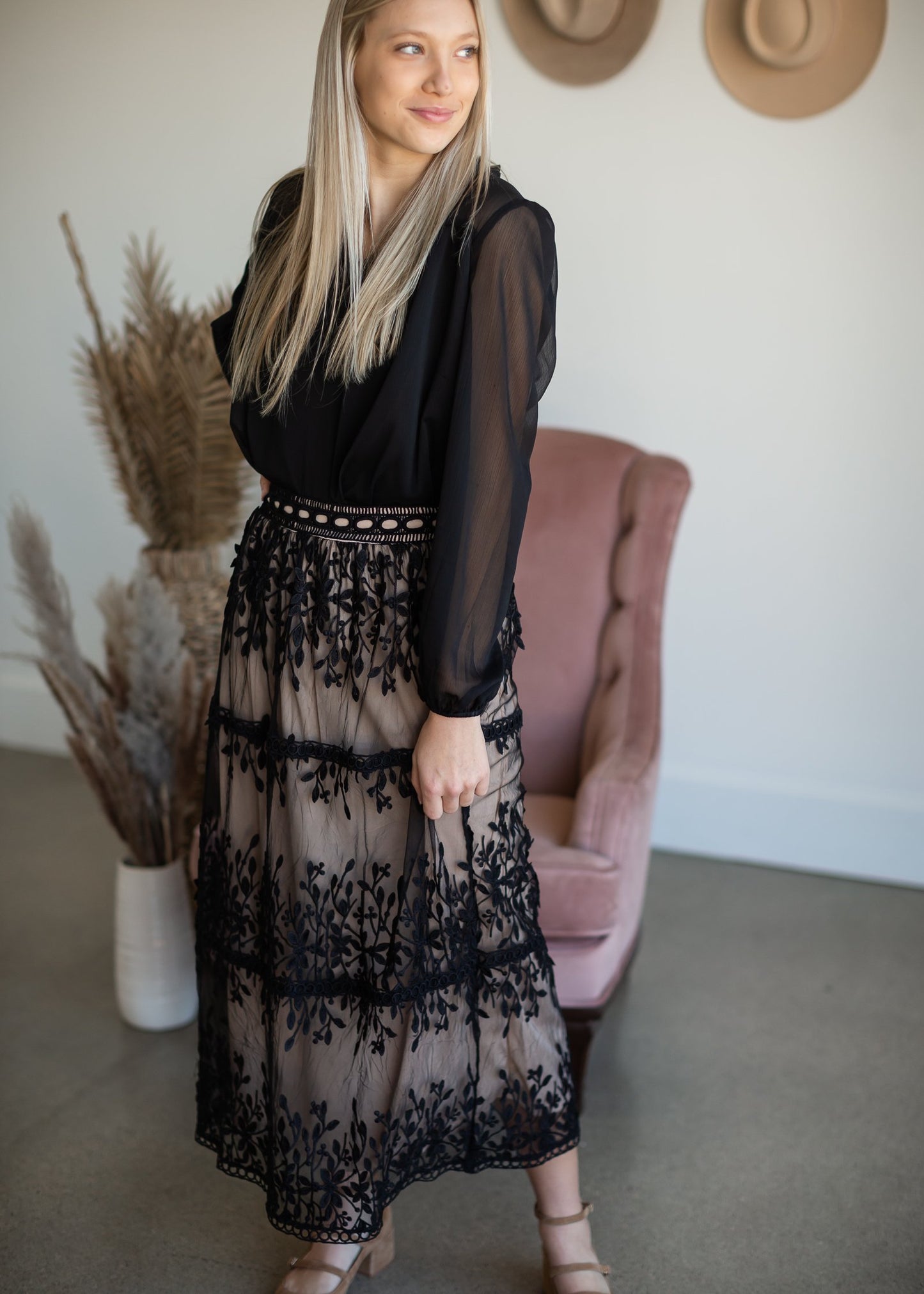 Black Embroidered Lace Overlay Tiered Midi Skirt Skirts Polagram + BaeVely