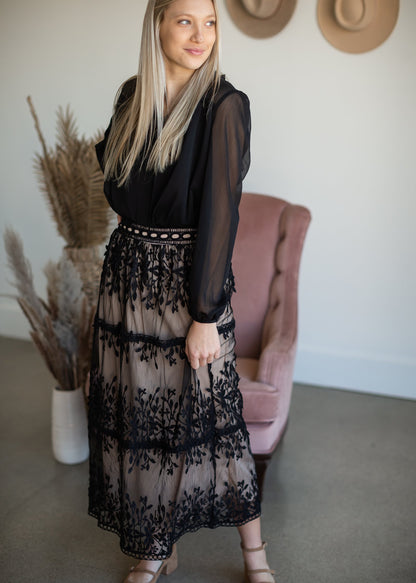 Black Embroidered Lace Overlay Tiered Midi Skirt Skirts Polagram + BaeVely