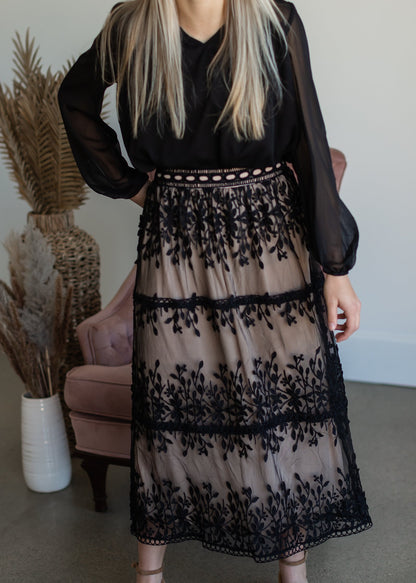 Black Embroidered Lace Overlay Tiered Midi Skirt Skirts Polagram + BaeVely