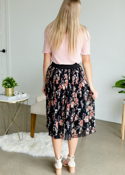 Black Floral Pleated Midi Skirt Skirts