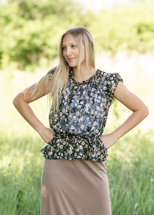 Black Floral Ruffle Chiffon Blouse - FINAL SALE Tops