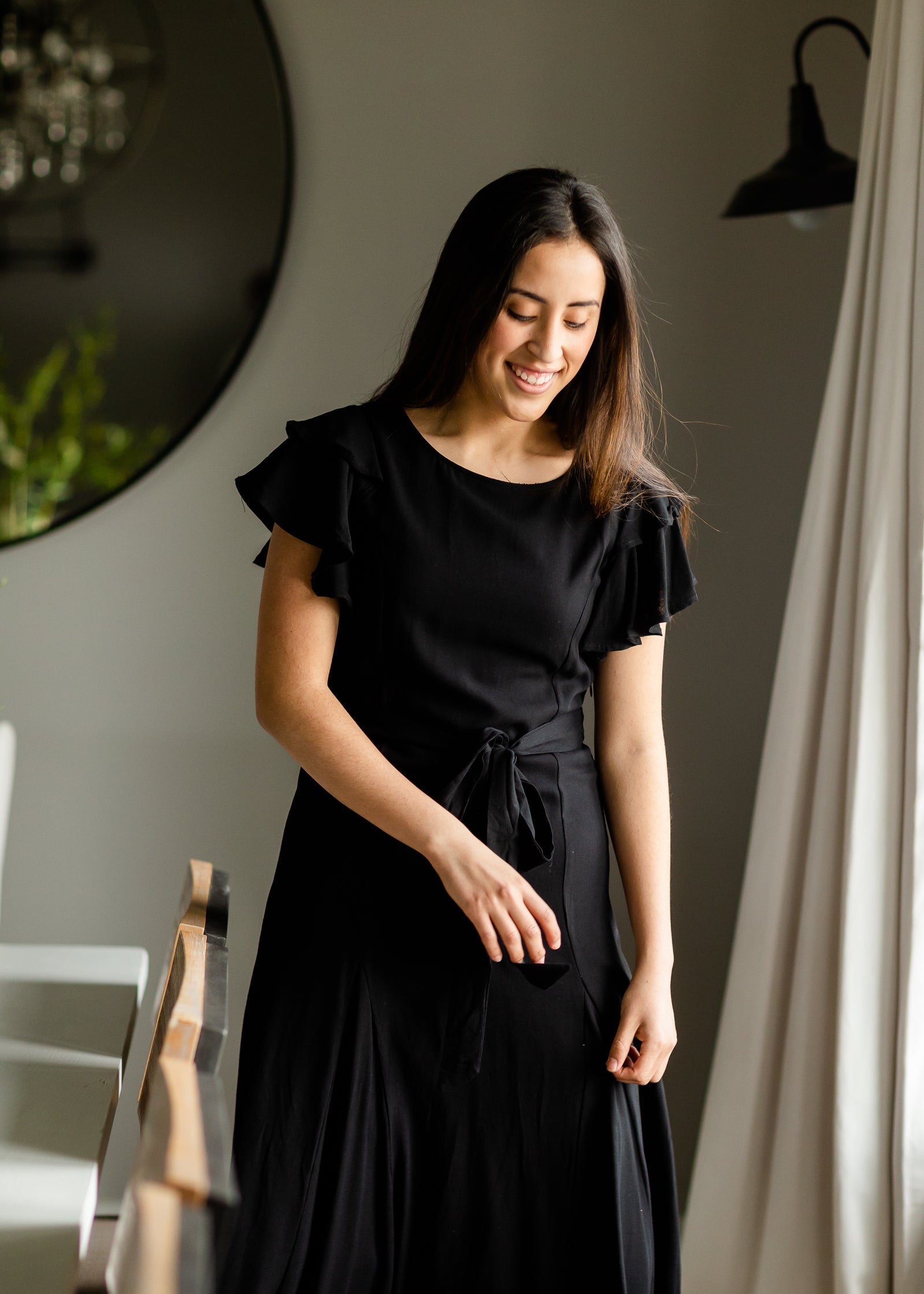 Black Flutter Sleeve Tie Waist Maxi Dress Dresses