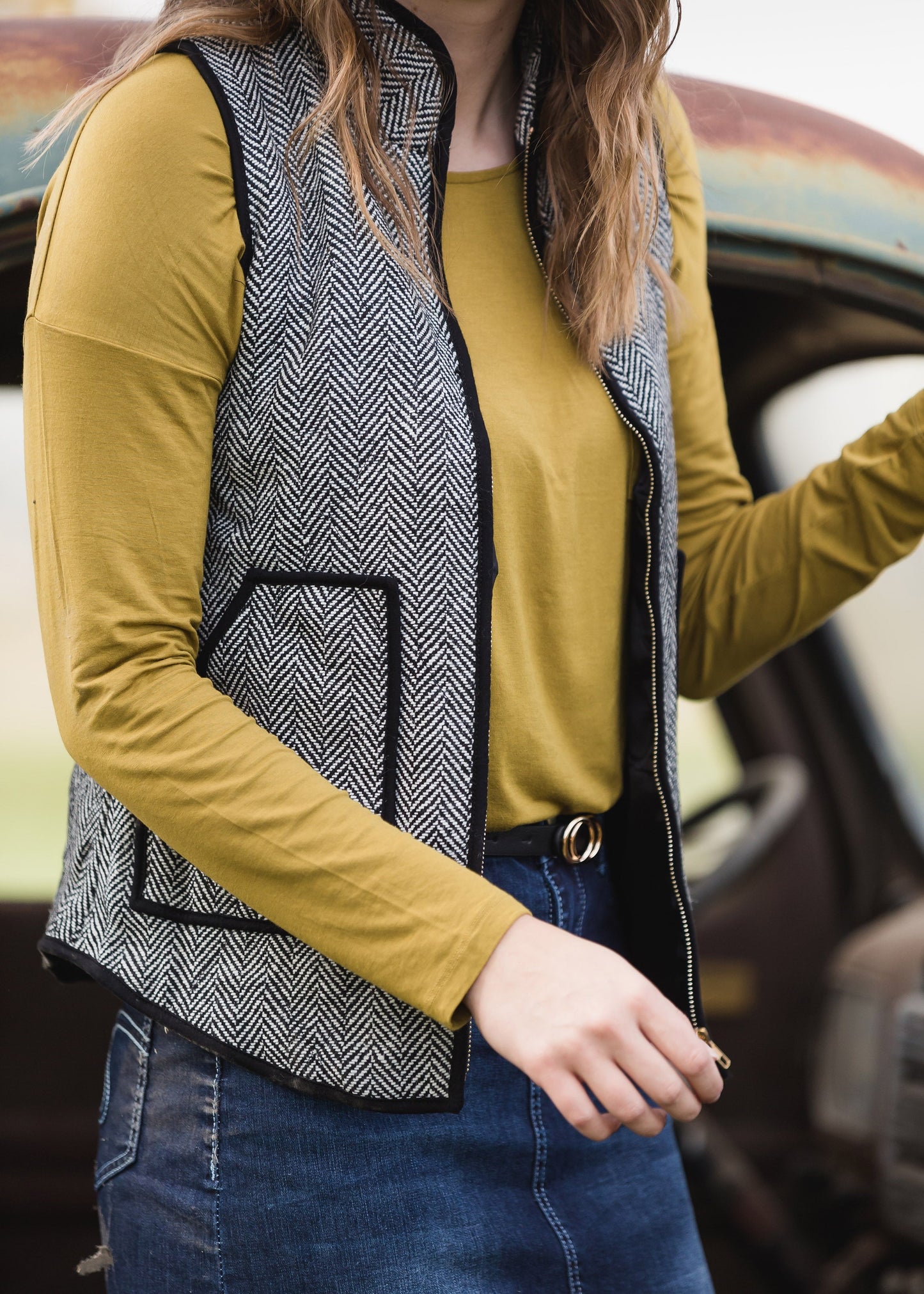 Black Herringbone Zip Up Vest - FINAL SALE Tops