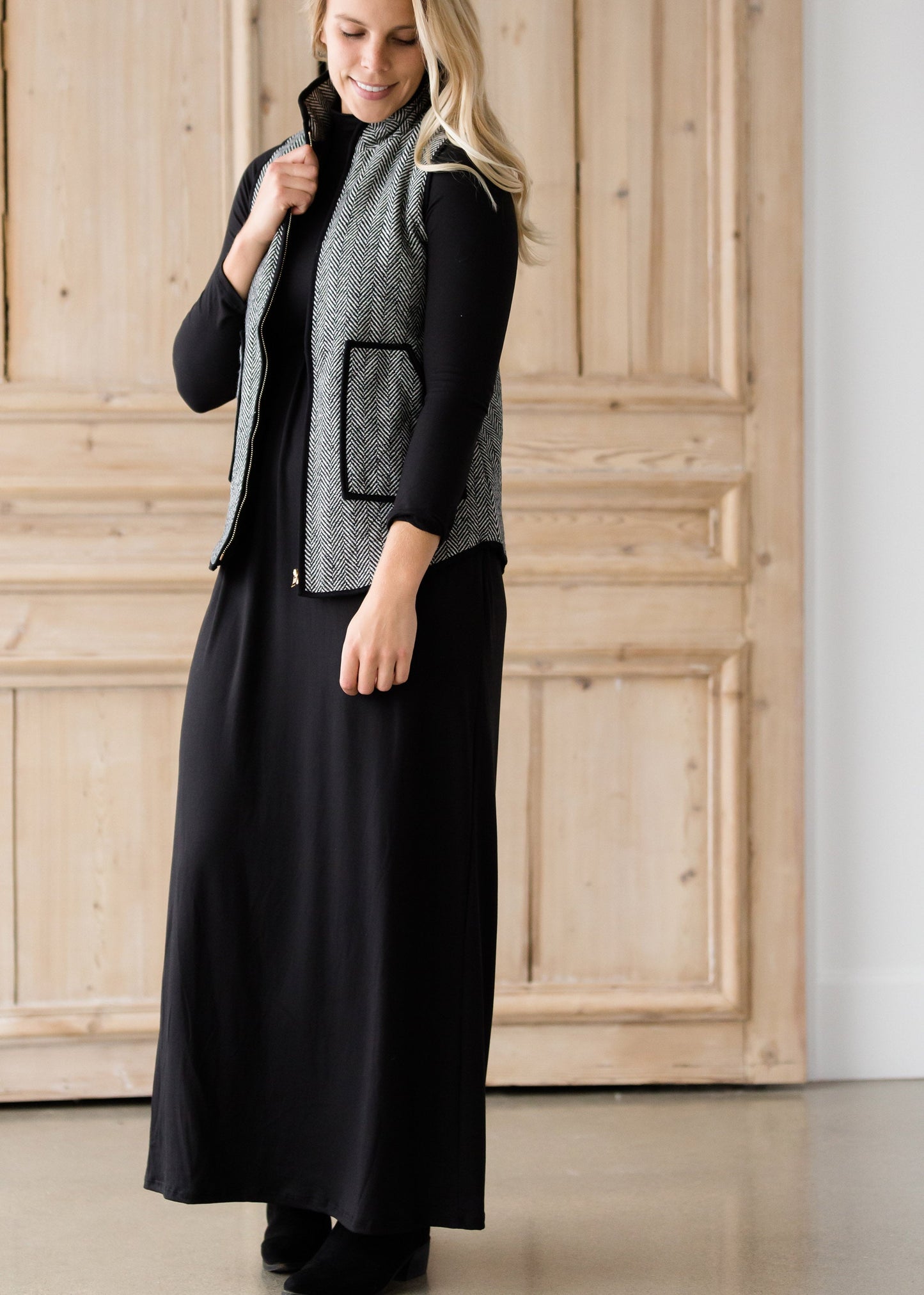 Black Herringbone Zip Up Vest - FINAL SALE Tops