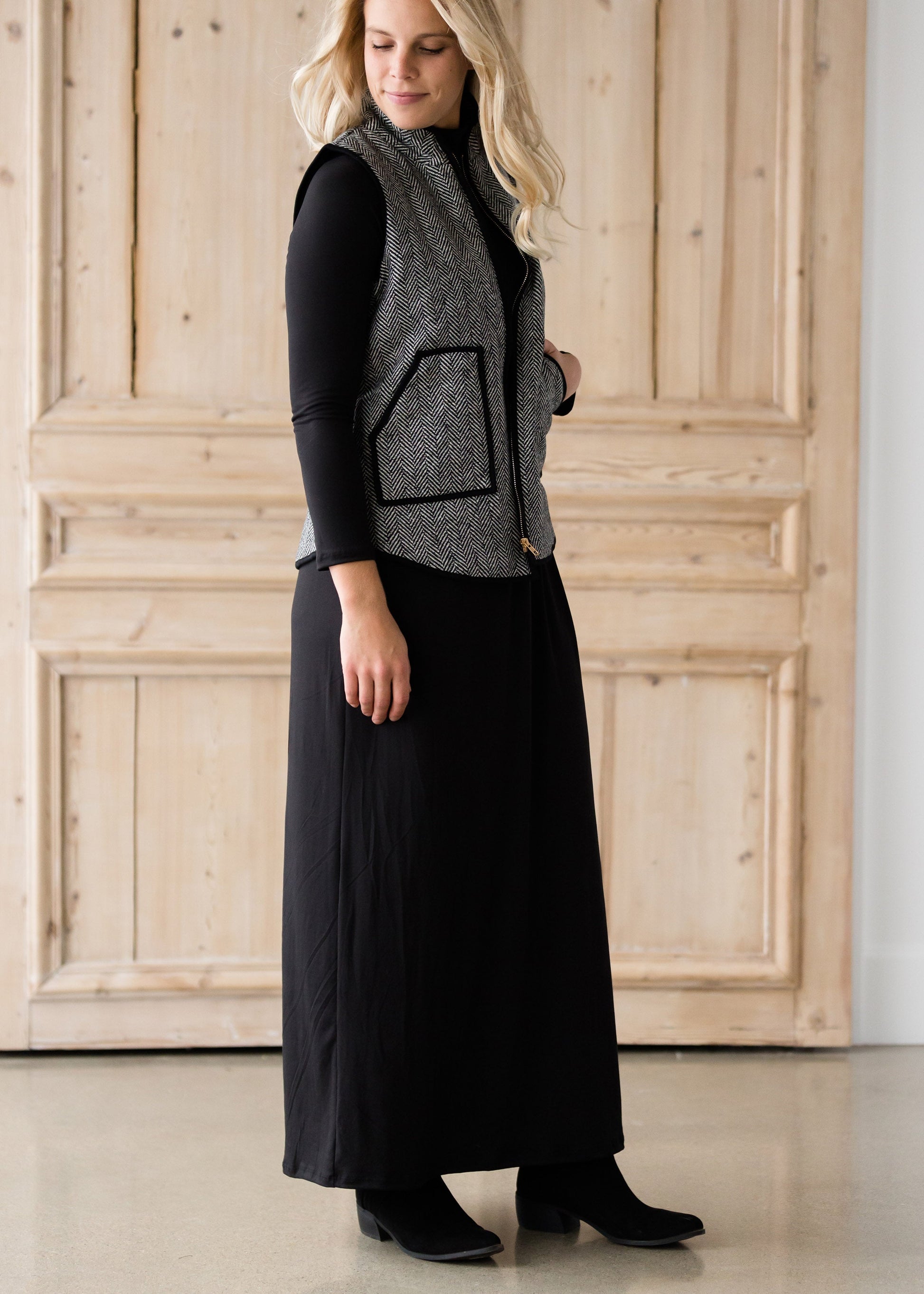 Black Herringbone Zip Up Vest - FINAL SALE Tops