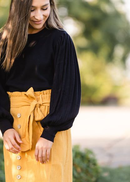 Black Pleated Sleeve Crewneck Sweater Tops