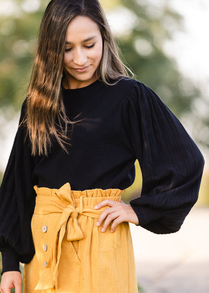 Black Pleated Sleeve Crewneck Sweater Tops