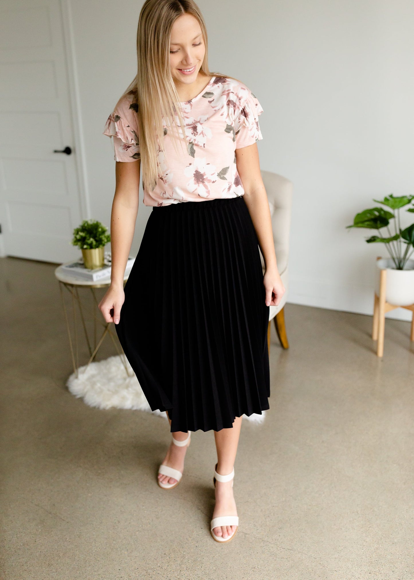 Black Pleated Stretch Waist Midi Skirt - FINAL SALE Skirts