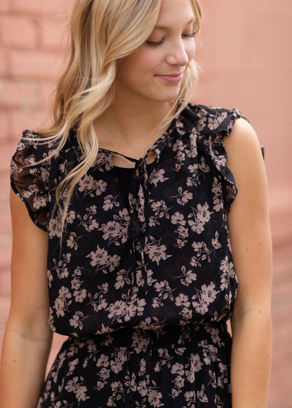 Black Ruffle Floral Midi Dress Dresses