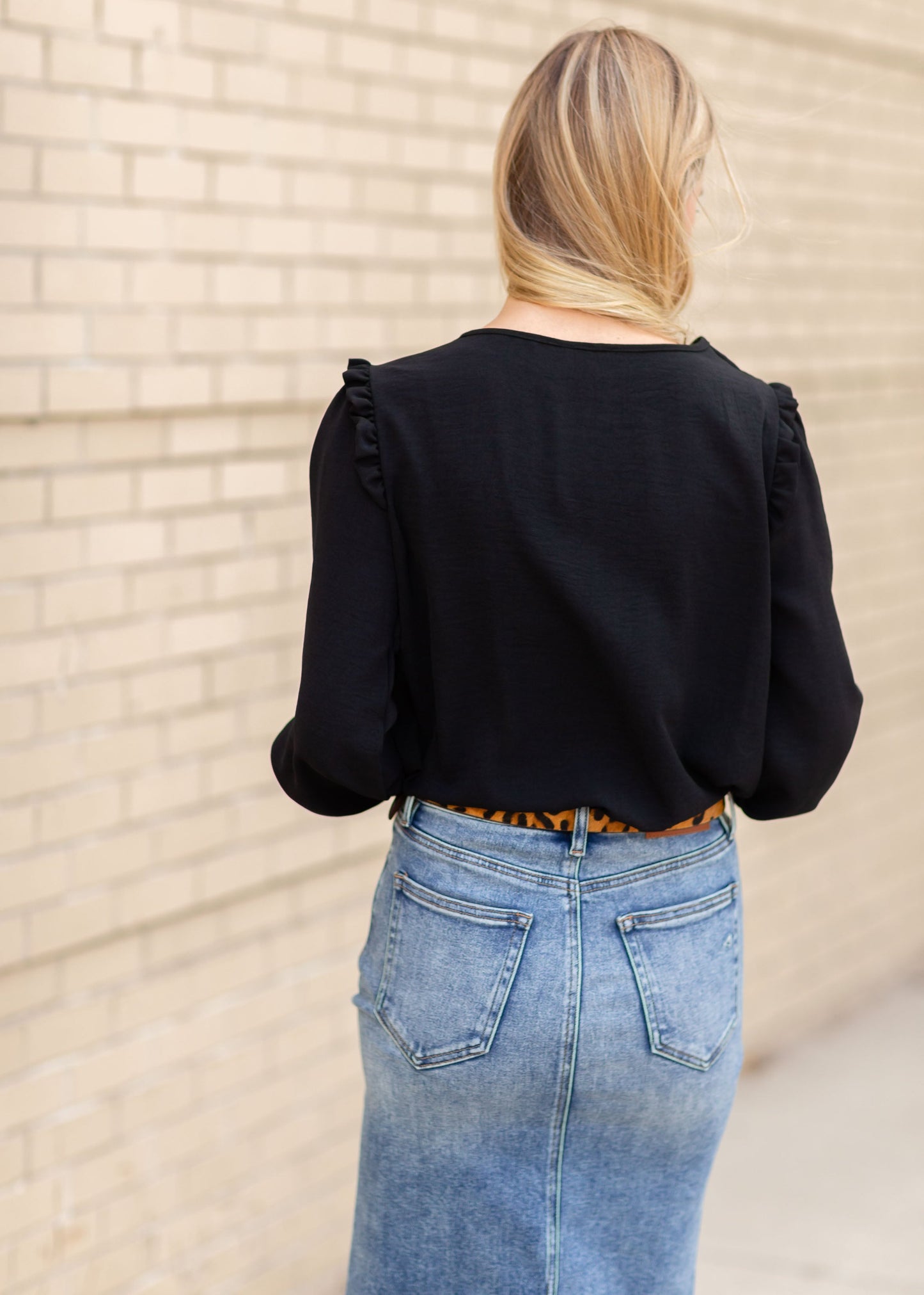 Black Ruffled Long Sleeve Top Tops