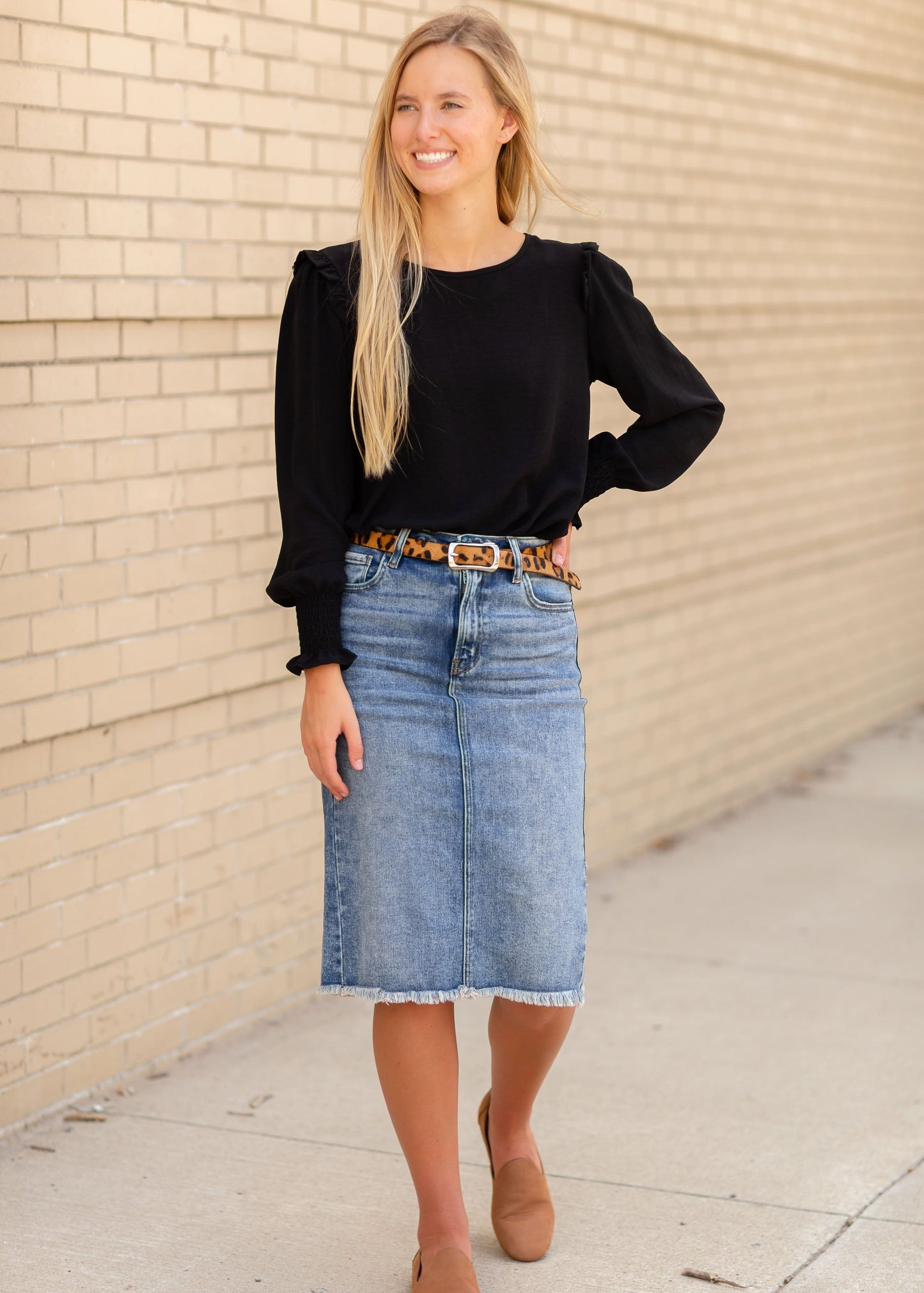 Black Ruffled Long Sleeve Top Tops