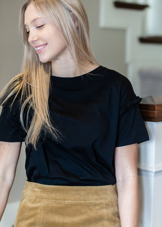 Black Ruffled Shoulder Top Tops