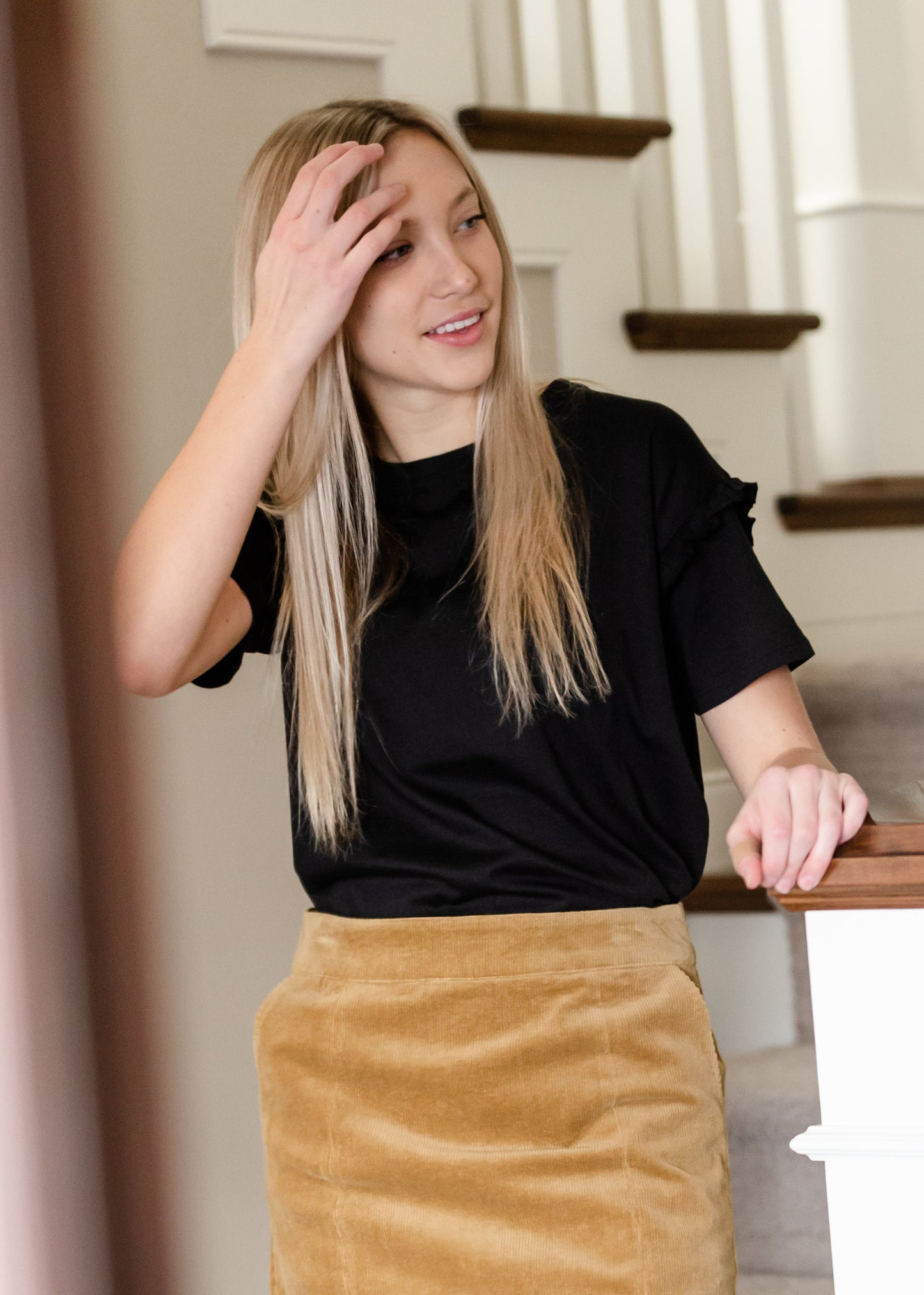 Black Ruffled Shoulder Top Tops