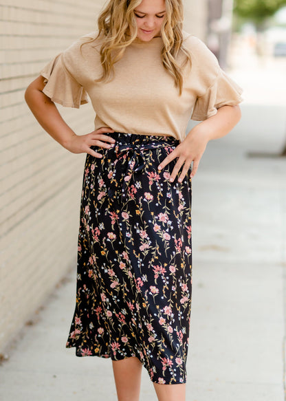 Black Satin Floral Midi Skirt Dresses Tea N Rose