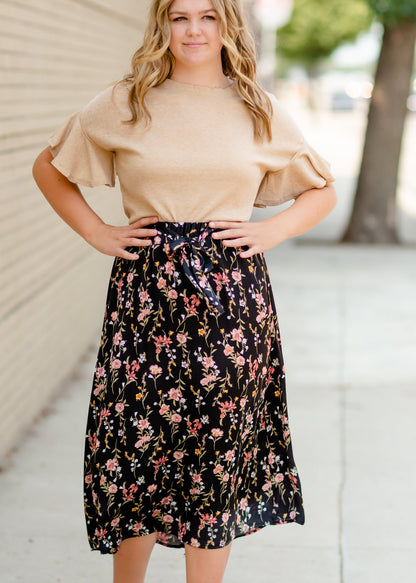 Black Satin Floral Midi Skirt Dresses Tea N Rose