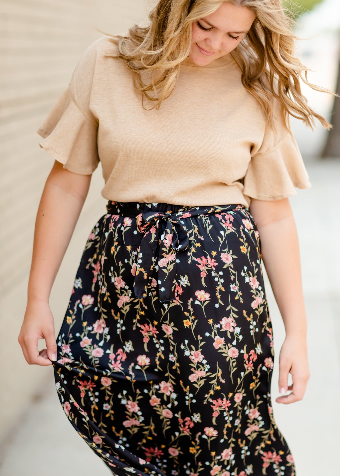 Black Satin Floral Midi Skirt Dresses Tea N Rose