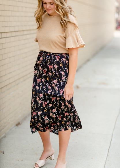 Black Satin Floral Midi Skirt Dresses Tea N Rose