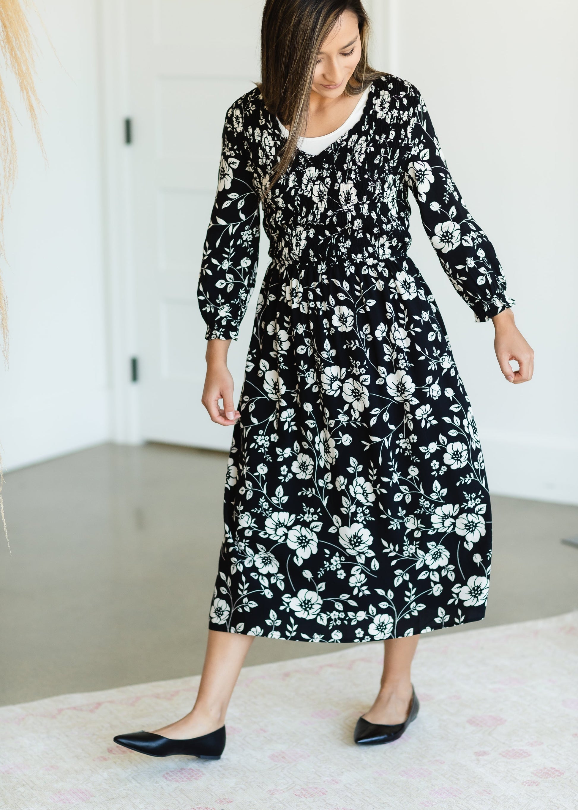 Black Smocked Floral Midi Dress - FINAL SALE Dresses