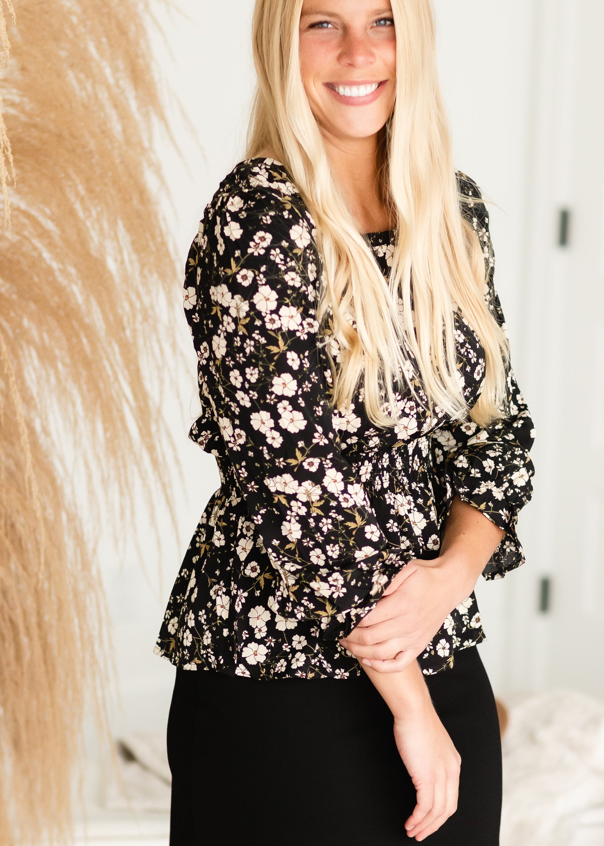 Black Square Neck Floral Top Tops