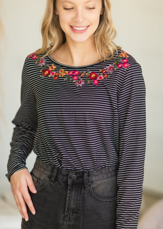 Black Striped Knit Embroidered Top - FINAL SALE Tops