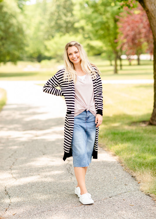 Black Striped Long Sleeve Cardigan - FINAL SALE Tops