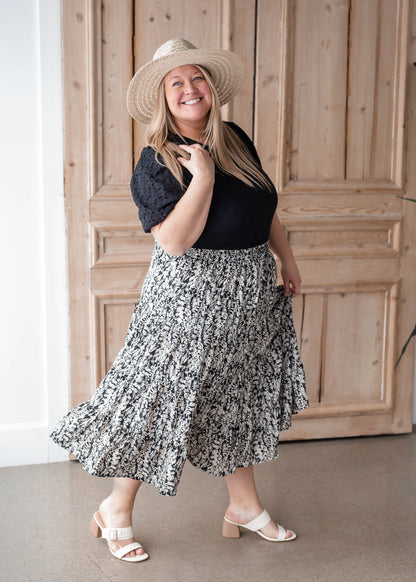 Black & White Leaf Print Tiered Midi Skirt Skirts Hayden