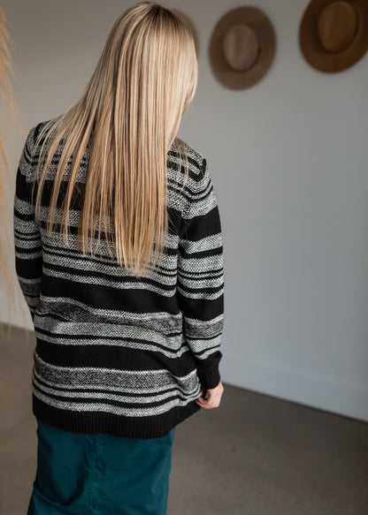 Black + White Striped Open Front Cardigan Tops Staccato