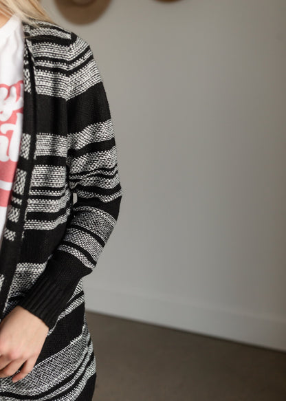 Black + White Striped Open Front Cardigan Tops Staccato