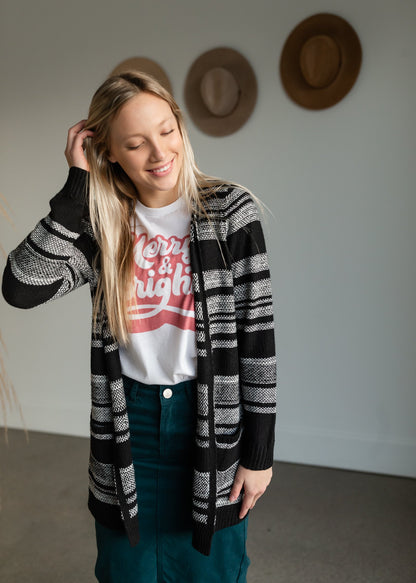 Black + White Striped Open Front Cardigan Tops Staccato