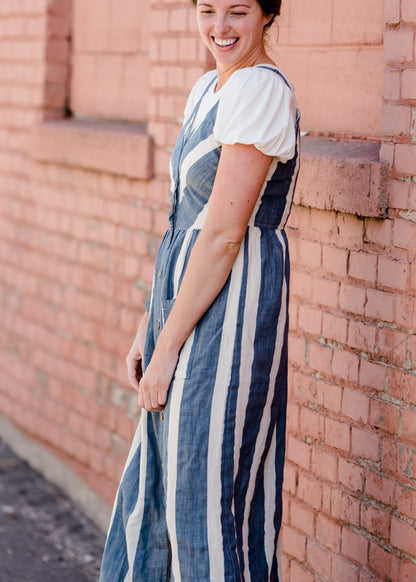 Blue Button Detail Stripe Midi Dress - FINAL SALE Dresses