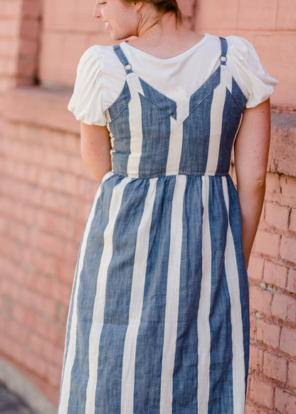 Blue Button Detail Stripe Midi Dress - FINAL SALE Dresses