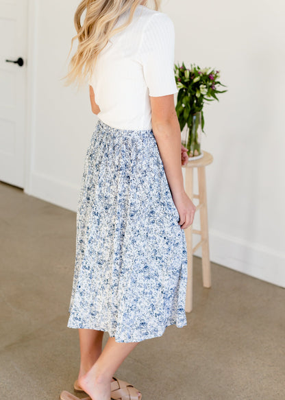 Blue Floral Pleated Midi Skirt Skirts