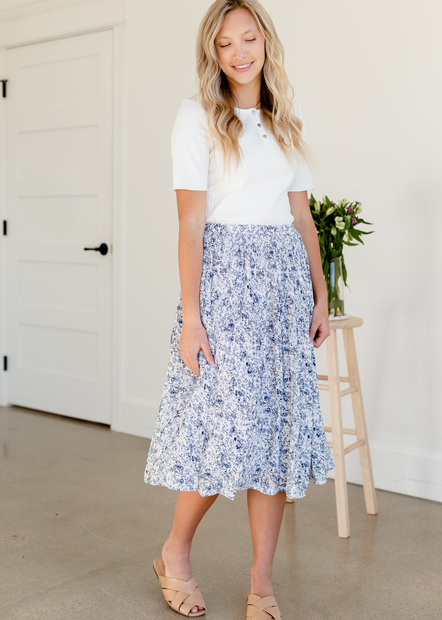 Blue Floral Pleated Midi Skirt Skirts