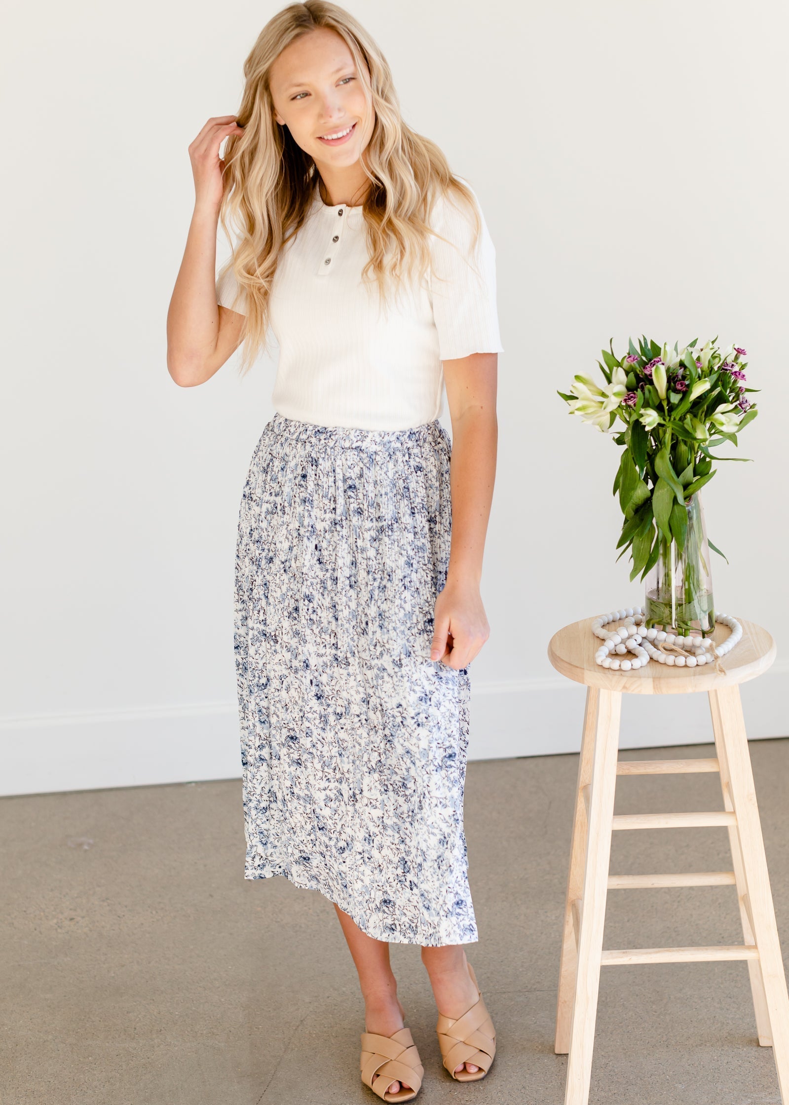 Blue Floral Pleated Midi Skirt Skirts