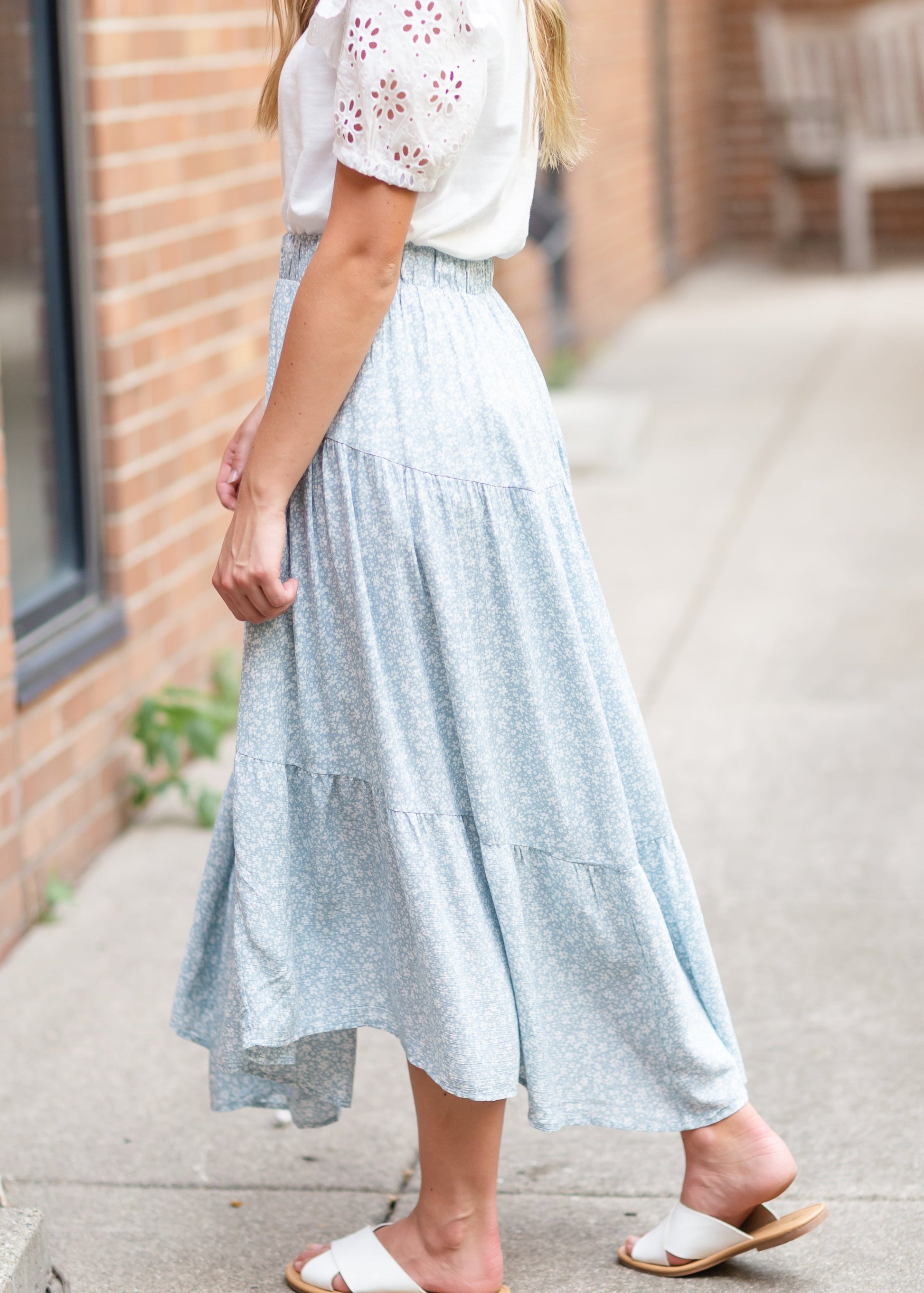 Blue Floral Print Midi Skirt with Ruffle Hem Skirts